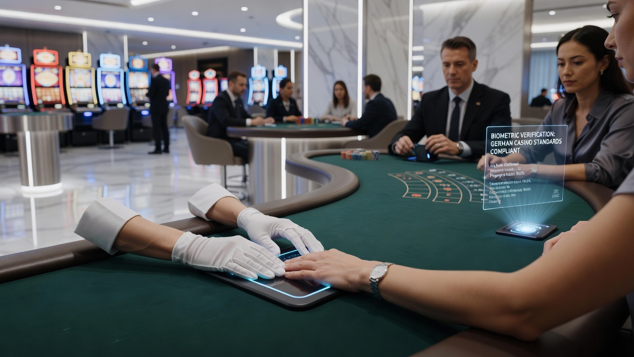 Detailansicht eines biometrischen Verifikationssystems mit integriertem Scanner und Überwachungskamera in einem regulierten deutschen Casino