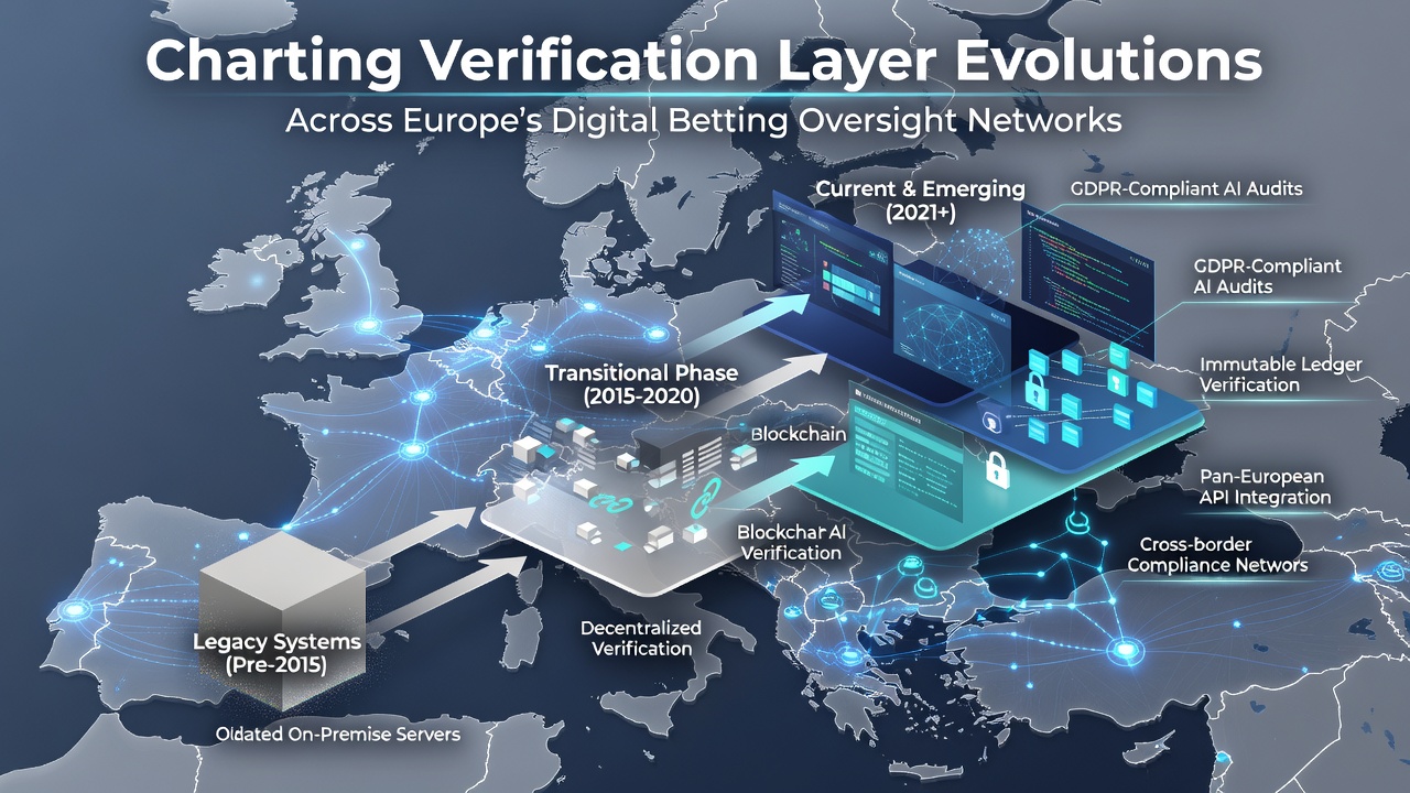 Visualisierung der Verifizierungsschichten in europäischen Wettaufsichtsnetzwerken mit digitalen Knotenpunkten und Datenflüssen