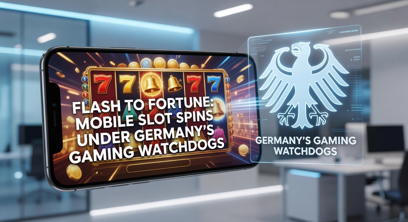 Dynamisches Smartphone mit leuchtenden Slot-Walzen und deutschen Regulierungs-Symbolen im Hintergrund, das die Welt mobiler Glücksspiele unter strenger Aufsicht zeigt