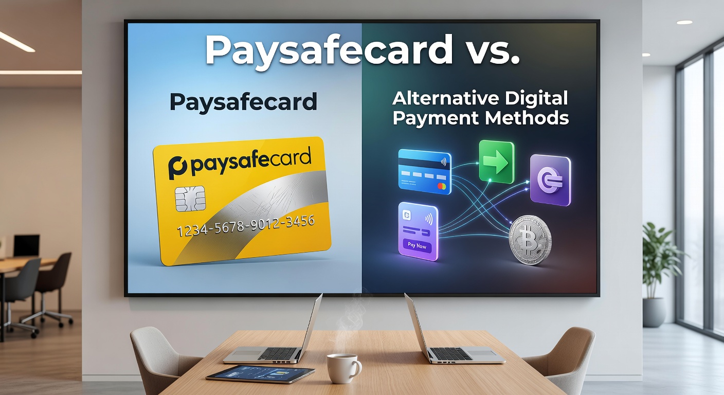Vergleichsgrafik mit Paysafecard, PayPal und Skrill-Logos auf einem Laptop-Bildschirm in einem Casino-Kontext